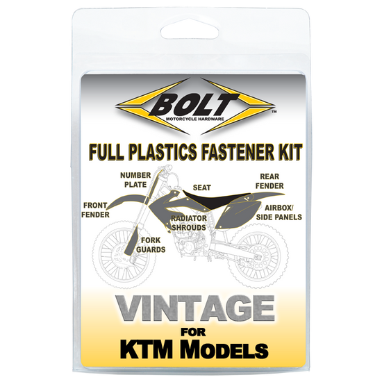 This Bolt kit includes replacements for the following KTM part numbers: 0024060156, 0025060126, 0023060123, 0024060136, 0024060206 Our fasteners are the same spec bolts as the factory.