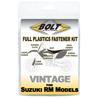 This Bolt kit includes replacements for the following Suzuki part numbers: 09103-06256, 5862727C40, 01547-06107, 01547-0620A, 01547-0620B, 09103-06223, 09160-06077, 01547-0616A, 01547-0616B, 09103-06232, 09103-06234, 01547-06167, 09111-06251, 09116-06200, 09116-06170, 08319-2106A, 01547-0612A, 01547-0612B, 09103-06233, 01547-06127, 09169-06053, 09169-06054, 09169-06053 Our fasteners are the same spec bolts as the factory.